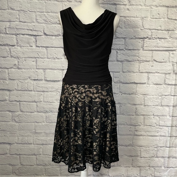 FRANK Lyman Design Cowl Neck Floral Lace Skirt Ruched Bodice A Line Dress Size 6 - Picture 2 of 12